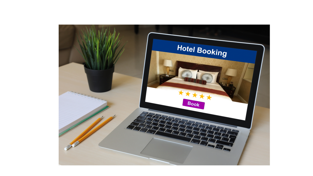 a laptop with an image of a hotel direct booking